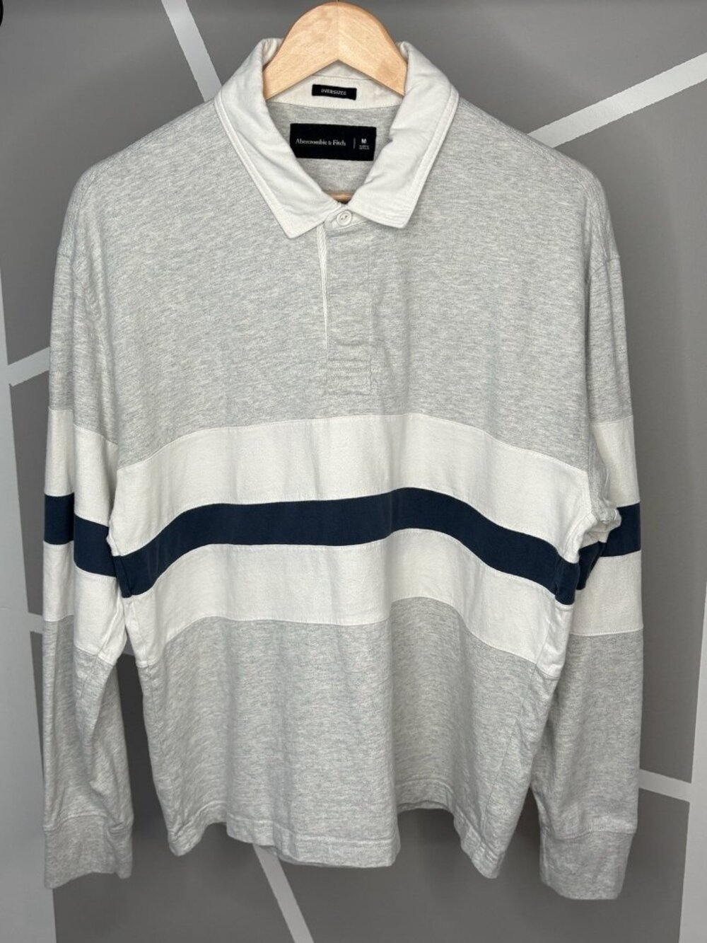 Abercrombie & Fitch Oversized Rugby Polo Shirt Men’s M Grey Navy Stripe Pullover
